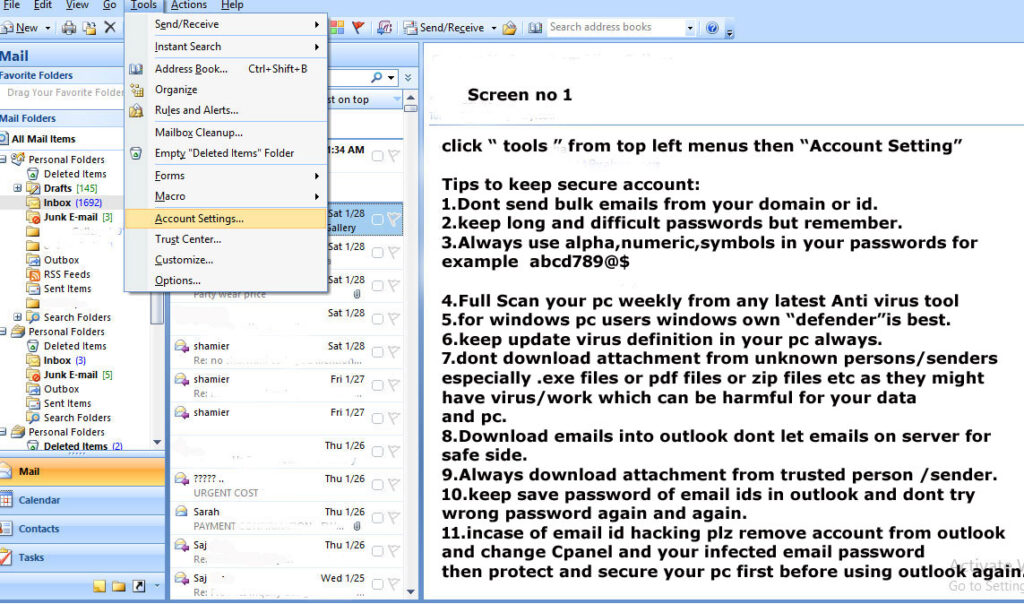 Microsoft outlook email id configuration screen shots for pop3 and smtp desktop laptop